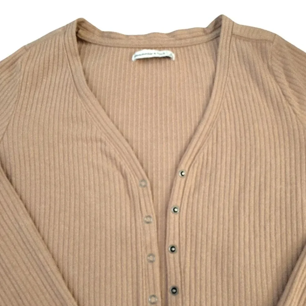 Abercrombie & Fitch Tan Ribbed Button Down Front Fitted Viscose Cardigan‎ Large
